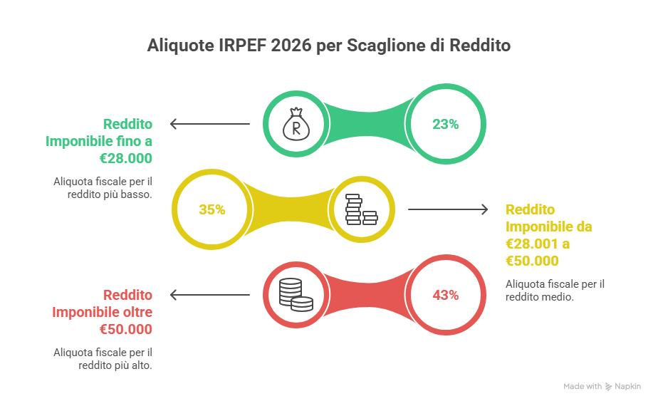 Scaglioni IRPEF 2026 Italia: 23% fino 28000, 35% da 28001 a 50000, 43% oltre 50000 con esempio calcolo